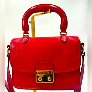 Auth Miu Miu Top Handle Red Leather 2way Crossbody Madras Handbag Preloved Purse